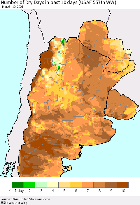 Southern South America Number of Dry Days in past 10 days (USAF 557th WW) Thematic Map For 3/6/2021 - 3/10/2021
