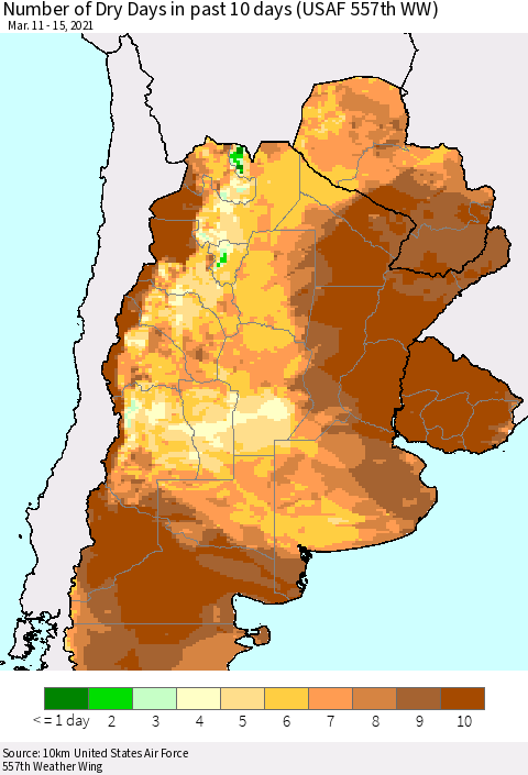 Southern South America Number of Dry Days in past 10 days (USAF 557th WW) Thematic Map For 3/11/2021 - 3/15/2021