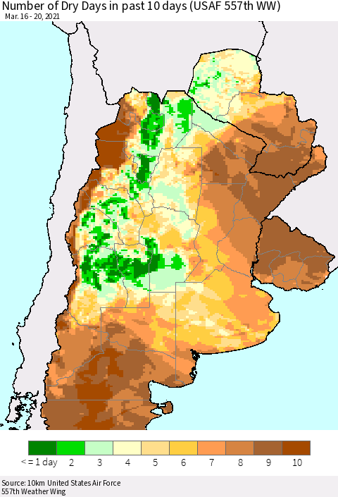 Southern South America Number of Dry Days in past 10 days (USAF 557th WW) Thematic Map For 3/16/2021 - 3/20/2021