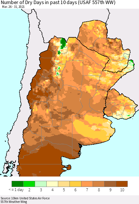 Southern South America Number of Dry Days in past 10 days (USAF 557th WW) Thematic Map For 3/26/2021 - 3/31/2021