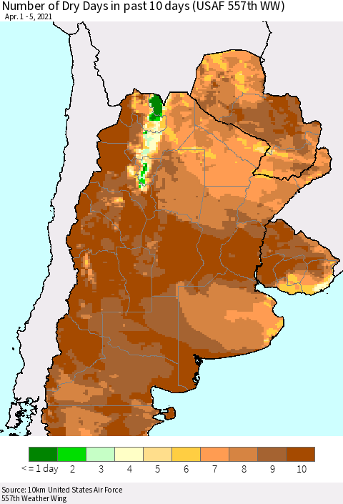 Southern South America Number of Dry Days in past 10 days (USAF 557th WW) Thematic Map For 4/1/2021 - 4/5/2021