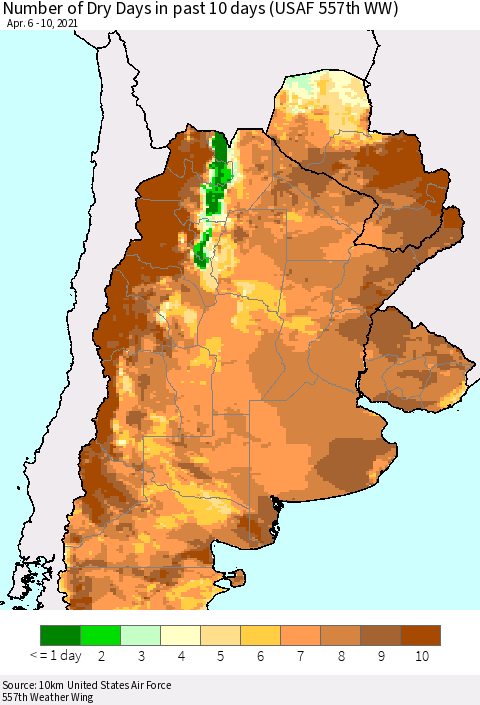 Southern South America Number of Dry Days in past 10 days (USAF 557th WW) Thematic Map For 4/6/2021 - 4/10/2021
