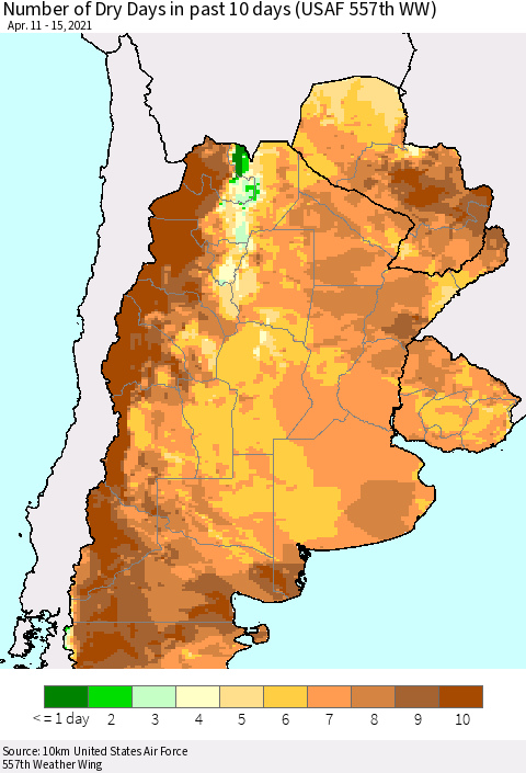Southern South America Number of Dry Days in past 10 days (USAF 557th WW) Thematic Map For 4/11/2021 - 4/15/2021