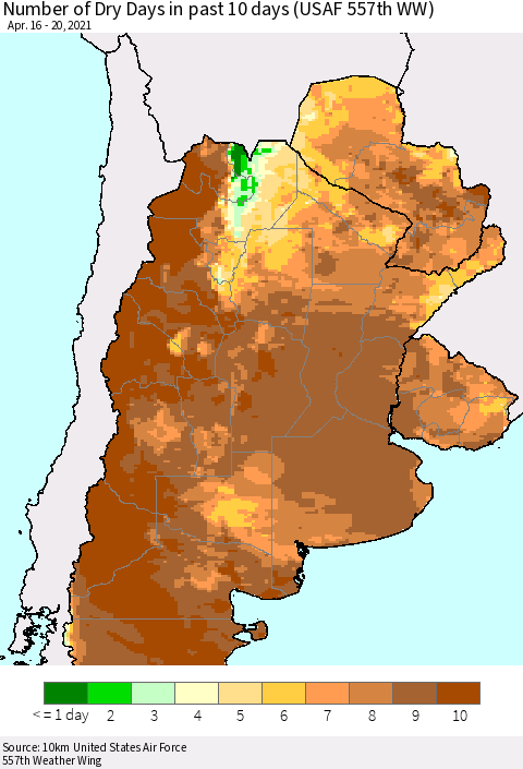 Southern South America Number of Dry Days in past 10 days (USAF 557th WW) Thematic Map For 4/16/2021 - 4/20/2021