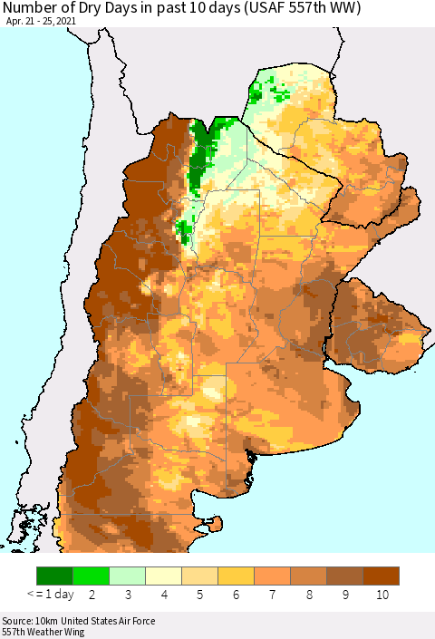 Southern South America Number of Dry Days in past 10 days (USAF 557th WW) Thematic Map For 4/21/2021 - 4/25/2021