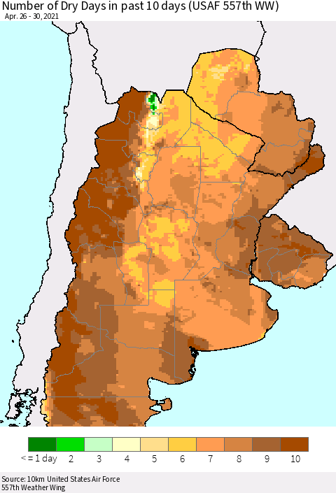 Southern South America Number of Dry Days in past 10 days (USAF 557th WW) Thematic Map For 4/26/2021 - 4/30/2021