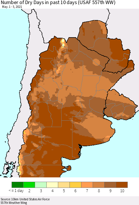 Southern South America Number of Dry Days in past 10 days (USAF 557th WW) Thematic Map For 5/1/2021 - 5/5/2021