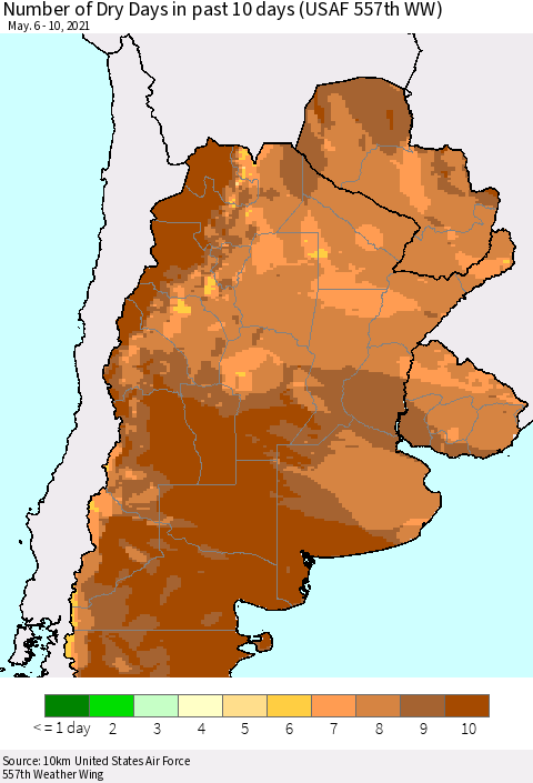 Southern South America Number of Dry Days in past 10 days (USAF 557th WW) Thematic Map For 5/6/2021 - 5/10/2021