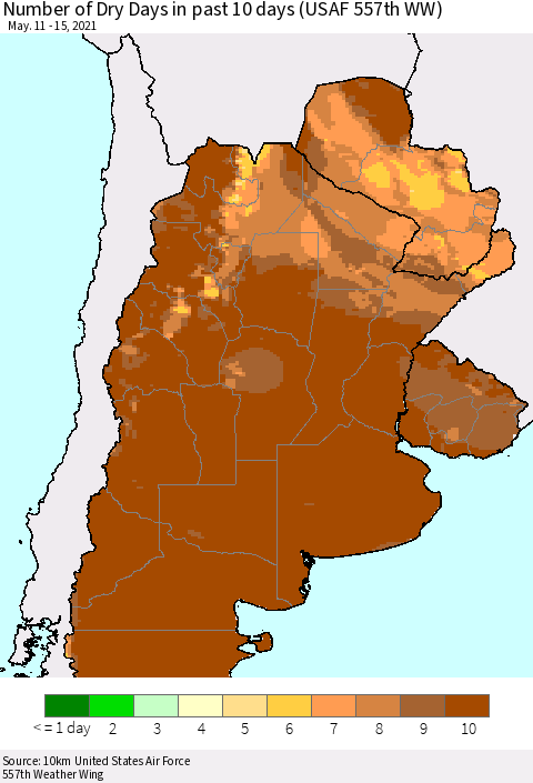 Southern South America Number of Dry Days in past 10 days (USAF 557th WW) Thematic Map For 5/11/2021 - 5/15/2021