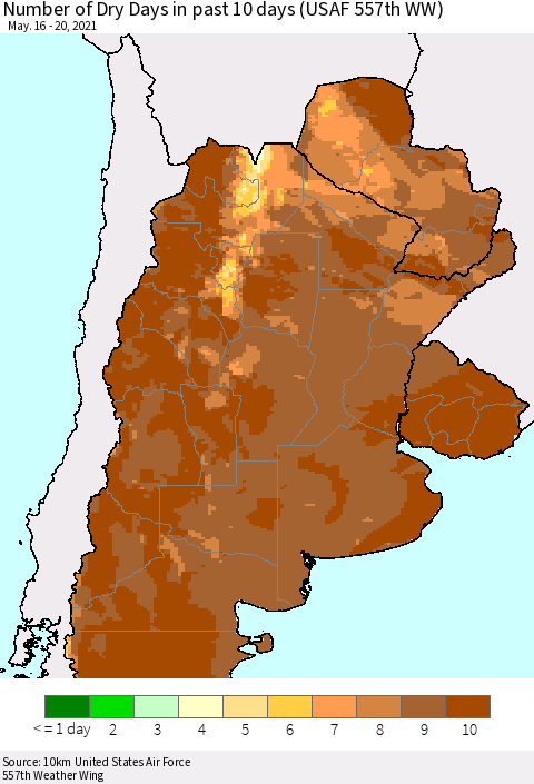 Southern South America Number of Dry Days in past 10 days (USAF 557th WW) Thematic Map For 5/16/2021 - 5/20/2021