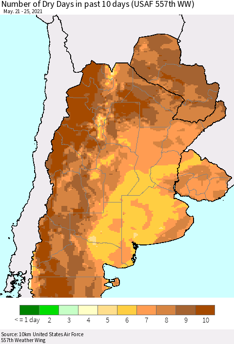 Southern South America Number of Dry Days in past 10 days (USAF 557th WW) Thematic Map For 5/21/2021 - 5/25/2021