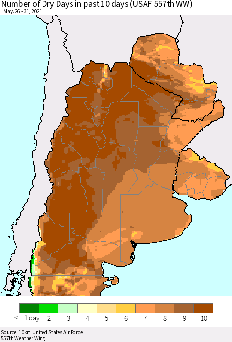 Southern South America Number of Dry Days in past 10 days (USAF 557th WW) Thematic Map For 5/26/2021 - 5/31/2021
