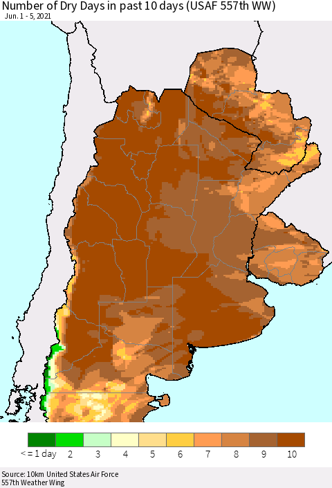 Southern South America Number of Dry Days in past 10 days (USAF 557th WW) Thematic Map For 6/1/2021 - 6/5/2021