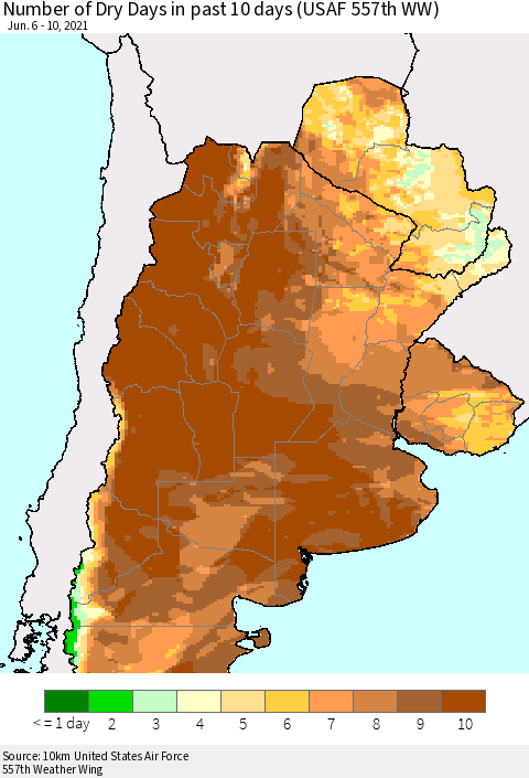Southern South America Number of Dry Days in past 10 days (USAF 557th WW) Thematic Map For 6/6/2021 - 6/10/2021