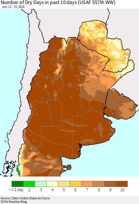 Southern South America Number of Dry Days in past 10 days (USAF 557th WW) Thematic Map For 6/11/2021 - 6/15/2021
