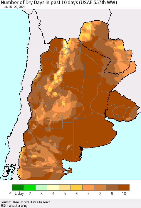 Southern South America Number of Dry Days in past 10 days (USAF 557th WW) Thematic Map For 6/16/2021 - 6/20/2021