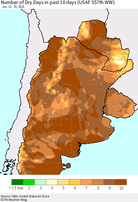 Southern South America Number of Dry Days in past 10 days (USAF 557th WW) Thematic Map For 6/21/2021 - 6/25/2021