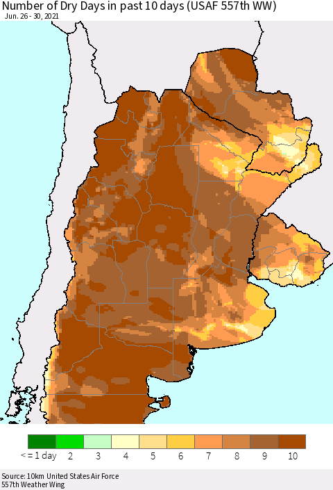 Southern South America Number of Dry Days in past 10 days (USAF 557th WW) Thematic Map For 6/26/2021 - 6/30/2021
