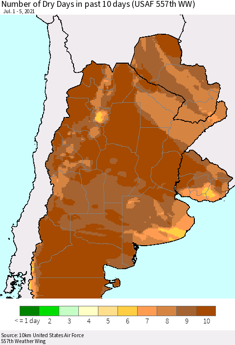 Southern South America Number of Dry Days in past 10 days (USAF 557th WW) Thematic Map For 7/1/2021 - 7/5/2021