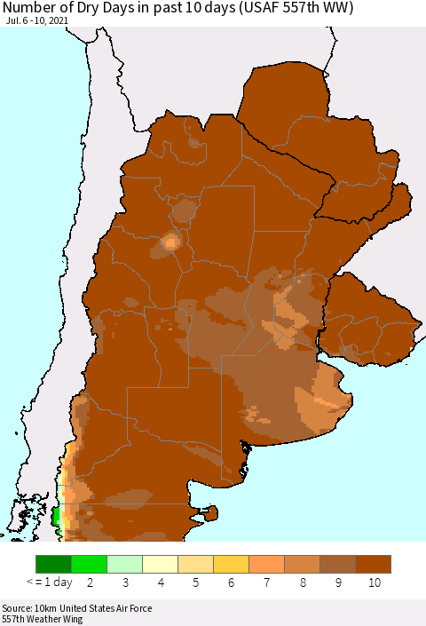 Southern South America Number of Dry Days in past 10 days (USAF 557th WW) Thematic Map For 7/6/2021 - 7/10/2021