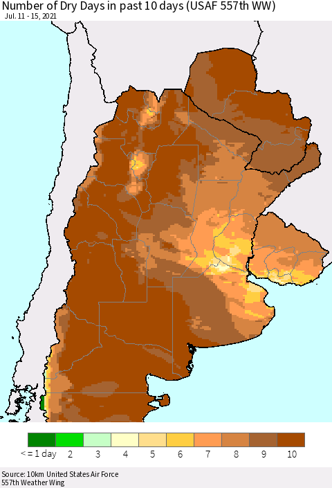 Southern South America Number of Dry Days in past 10 days (USAF 557th WW) Thematic Map For 7/11/2021 - 7/15/2021