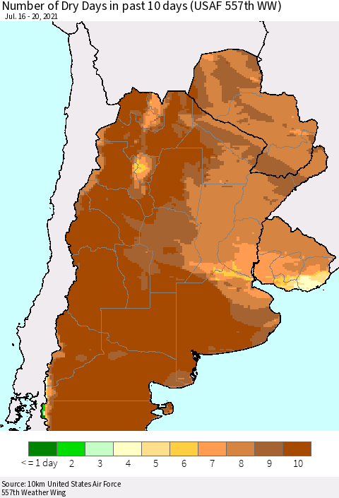 Southern South America Number of Dry Days in past 10 days (USAF 557th WW) Thematic Map For 7/16/2021 - 7/20/2021