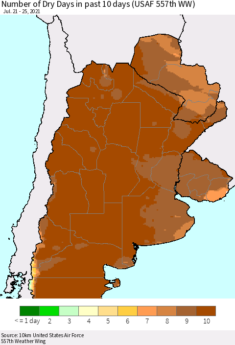Southern South America Number of Dry Days in past 10 days (USAF 557th WW) Thematic Map For 7/21/2021 - 7/25/2021