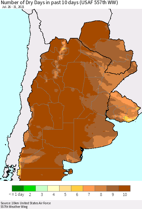 Southern South America Number of Dry Days in past 10 days (USAF 557th WW) Thematic Map For 7/26/2021 - 7/31/2021