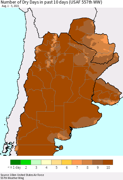 Southern South America Number of Dry Days in past 10 days (USAF 557th WW) Thematic Map For 8/1/2021 - 8/5/2021