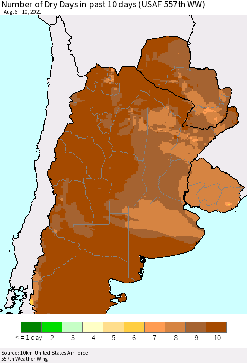 Southern South America Number of Dry Days in past 10 days (USAF 557th WW) Thematic Map For 8/6/2021 - 8/10/2021