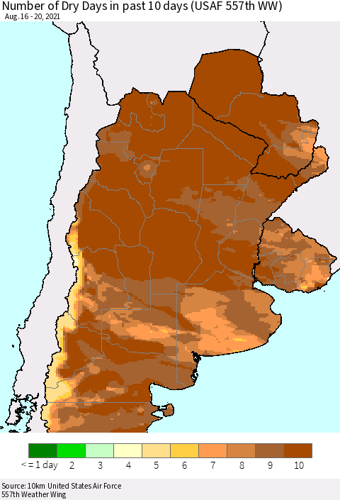 Southern South America Number of Dry Days in past 10 days (USAF 557th WW) Thematic Map For 8/16/2021 - 8/20/2021