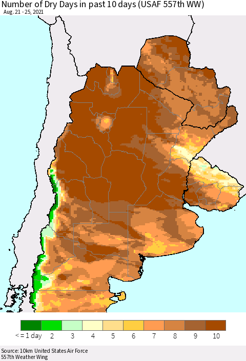 Southern South America Number of Dry Days in past 10 days (USAF 557th WW) Thematic Map For 8/21/2021 - 8/25/2021