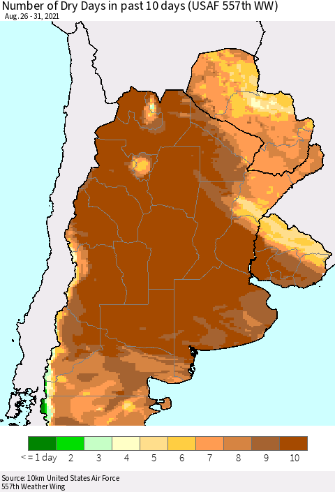 Southern South America Number of Dry Days in past 10 days (USAF 557th WW) Thematic Map For 8/26/2021 - 8/31/2021