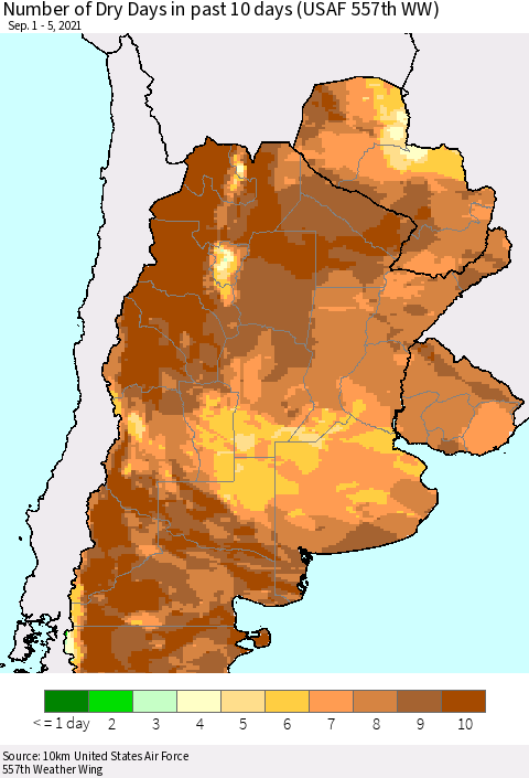 Southern South America Number of Dry Days in past 10 days (USAF 557th WW) Thematic Map For 9/1/2021 - 9/5/2021