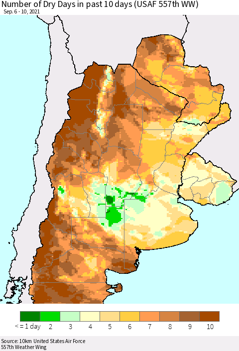 Southern South America Number of Dry Days in past 10 days (USAF 557th WW) Thematic Map For 9/6/2021 - 9/10/2021