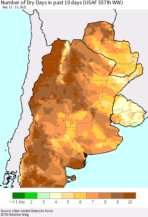 Southern South America Number of Dry Days in past 10 days (USAF 557th WW) Thematic Map For 9/11/2021 - 9/15/2021