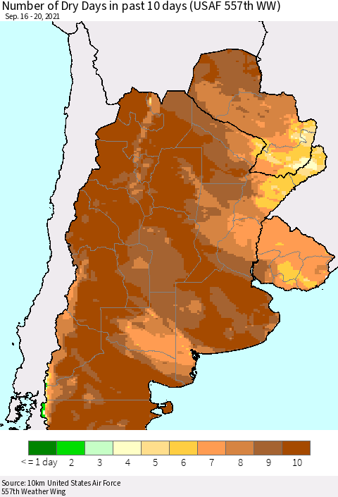 Southern South America Number of Dry Days in past 10 days (USAF 557th WW) Thematic Map For 9/16/2021 - 9/20/2021