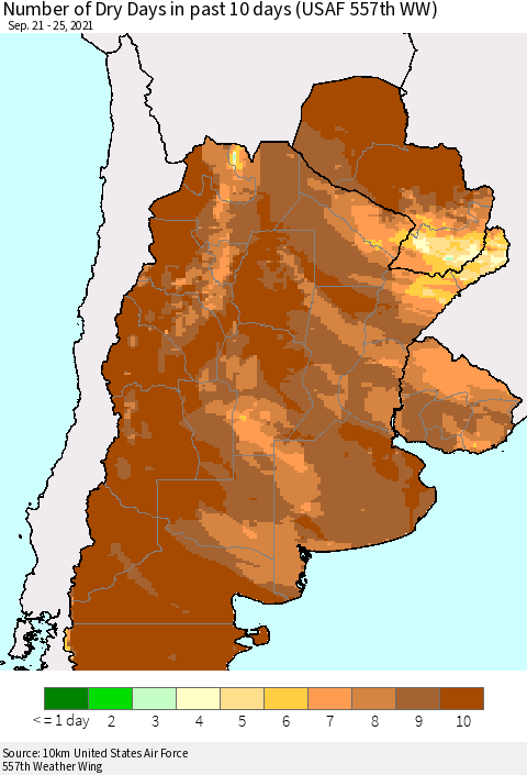 Southern South America Number of Dry Days in past 10 days (USAF 557th WW) Thematic Map For 9/21/2021 - 9/25/2021