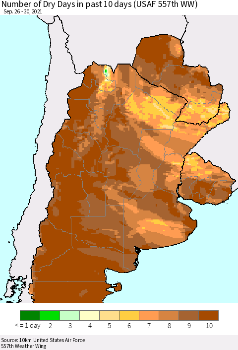 Southern South America Number of Dry Days in past 10 days (USAF 557th WW) Thematic Map For 9/26/2021 - 9/30/2021