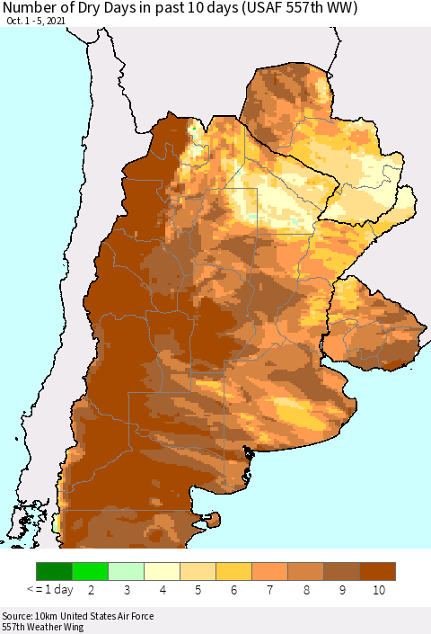 Southern South America Number of Dry Days in past 10 days (USAF 557th WW) Thematic Map For 10/1/2021 - 10/5/2021