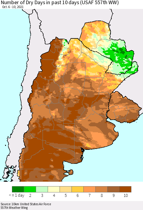 Southern South America Number of Dry Days in past 10 days (USAF 557th WW) Thematic Map For 10/6/2021 - 10/10/2021