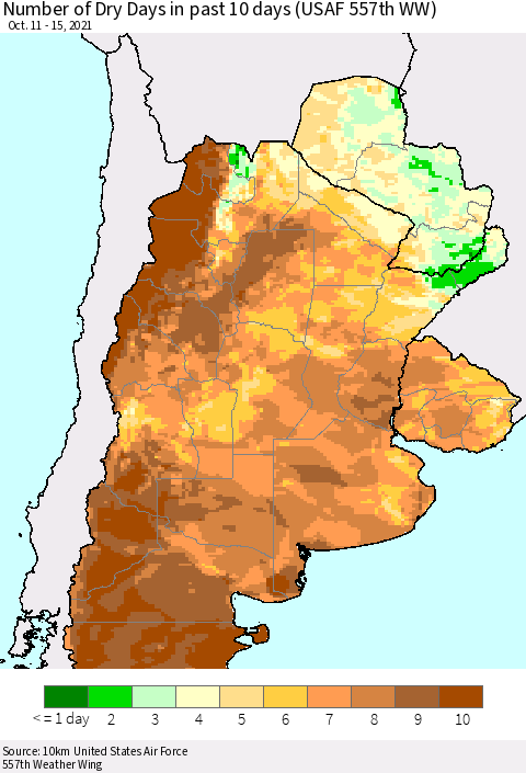 Southern South America Number of Dry Days in past 10 days (USAF 557th WW) Thematic Map For 10/11/2021 - 10/15/2021