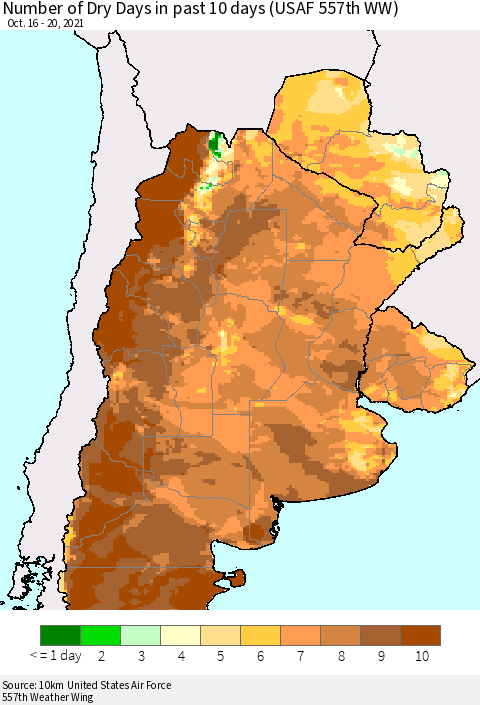 Southern South America Number of Dry Days in past 10 days (USAF 557th WW) Thematic Map For 10/16/2021 - 10/20/2021