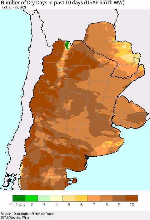 Southern South America Number of Dry Days in past 10 days (USAF 557th WW) Thematic Map For 10/21/2021 - 10/25/2021