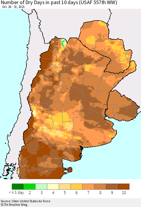 Southern South America Number of Dry Days in past 10 days (USAF 557th WW) Thematic Map For 10/26/2021 - 10/31/2021