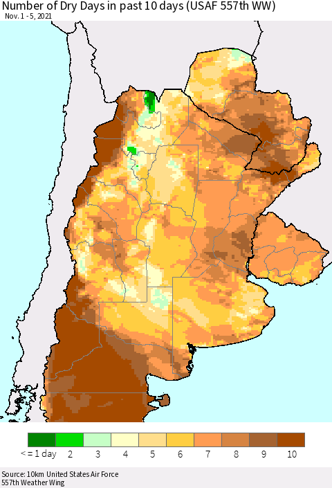 Southern South America Number of Dry Days in past 10 days (USAF 557th WW) Thematic Map For 11/1/2021 - 11/5/2021
