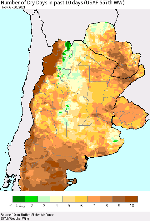 Southern South America Number of Dry Days in past 10 days (USAF 557th WW) Thematic Map For 11/6/2021 - 11/10/2021