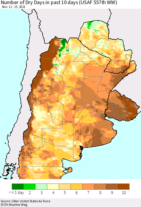 Southern South America Number of Dry Days in past 10 days (USAF 557th WW) Thematic Map For 11/11/2021 - 11/15/2021