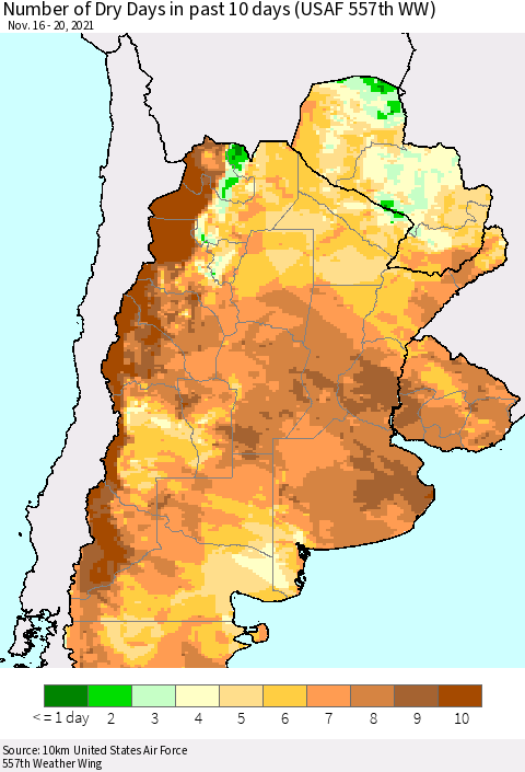 Southern South America Number of Dry Days in past 10 days (USAF 557th WW) Thematic Map For 11/16/2021 - 11/20/2021