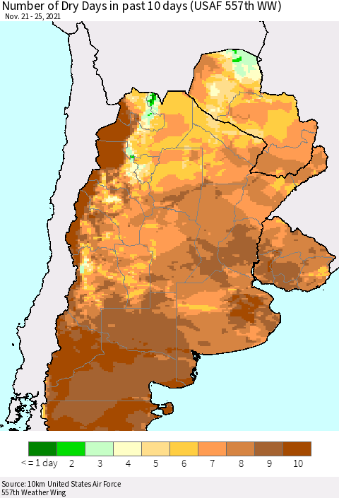 Southern South America Number of Dry Days in past 10 days (USAF 557th WW) Thematic Map For 11/21/2021 - 11/25/2021
